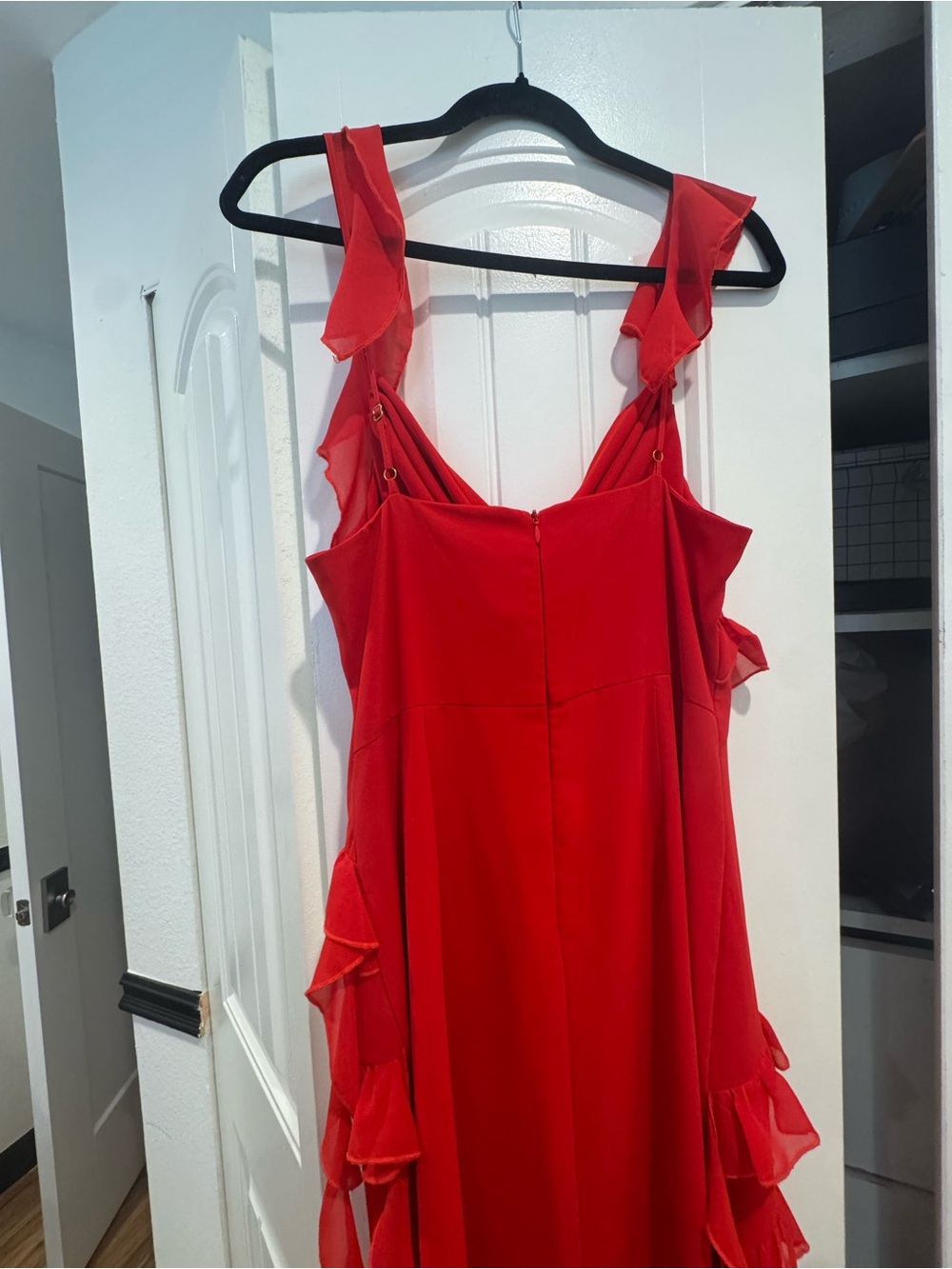 Red Ruffle High-Low Dress with Draped Neckline - Picture 3 of 4
